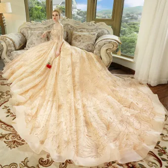 Luxe Champagne Robe De Mariée 2018 Robe Boule De L 039 Épaule Manches Courtes Dos Nu Faux Diamant Glitter Royal Train Volants