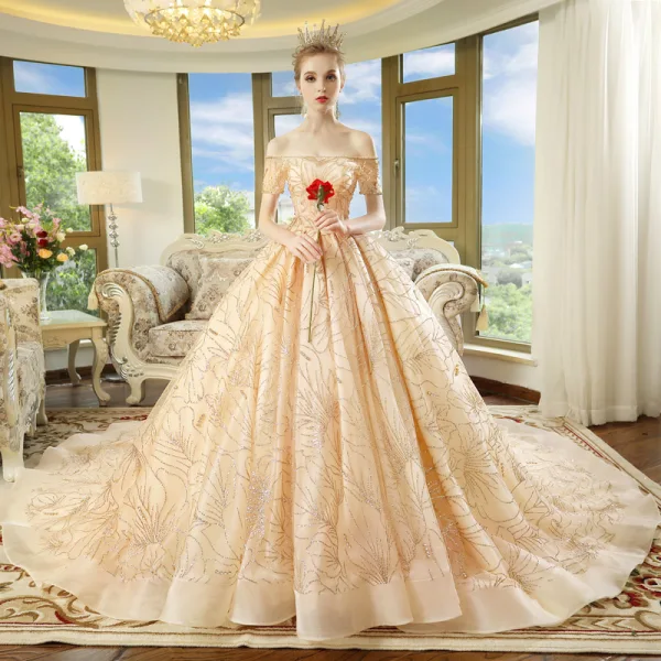Luxury / Gorgeous Champagne Wedding Dresses 2018 Ball Gown Off-The-Shoulder Short Sleeve Backless Rhinestone Glitter Royal Train Ruffle