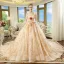 Luxury / Gorgeous Champagne Wedding Dresses 2018 Ball Gown Off-The-Shoulder Short Sleeve Backless Rhinestone Glitter Royal Train Ruffle