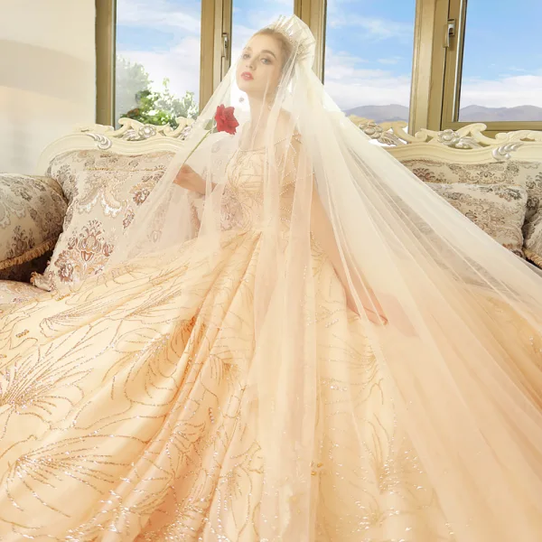 Luxury / Gorgeous Champagne Wedding Dresses 2018 Ball Gown Off-The-Shoulder Short Sleeve Backless Rhinestone Glitter Royal Train Ruffle