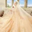 Luxury / Gorgeous Champagne Wedding Dresses 2018 Ball Gown Off-The-Shoulder Short Sleeve Backless Rhinestone Glitter Royal Train Ruffle