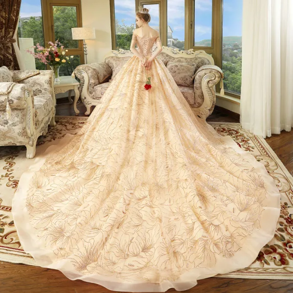 Luxury / Gorgeous Champagne Wedding Dresses 2018 Ball Gown Off-The-Shoulder Short Sleeve Backless Rhinestone Glitter Royal Train Ruffle