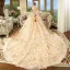 Luxury / Gorgeous Champagne Wedding Dresses 2018 Ball Gown Off-The-Shoulder Short Sleeve Backless Rhinestone Glitter Royal Train Ruffle