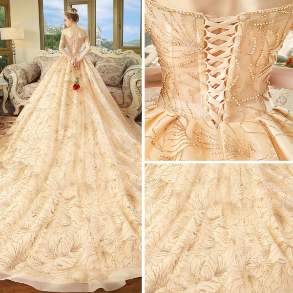 Luxury / Gorgeous Champagne Wedding Dresses 2018 Ball Gown Off-The-Shoulder Short Sleeve Backless Rhinestone Glitter Royal Train Ruffle