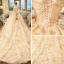 Luxury / Gorgeous Champagne Wedding Dresses 2018 Ball Gown Off-The-Shoulder Short Sleeve Backless Rhinestone Glitter Royal Train Ruffle