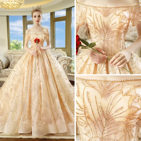 Luxury / Gorgeous Champagne Wedding Dresses 2018 Ball Gown Off-The-Shoulder Short Sleeve Backless Rhinestone Glitter Royal Train Ruffle