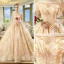 Luxury / Gorgeous Champagne Wedding Dresses 2018 Ball Gown Off-The-Shoulder Short Sleeve Backless Rhinestone Glitter Royal Train Ruffle