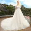 Elegant Ivory Wedding Dresses 2018 A-Line / Princess Off-The-Shoulder Short Sleeve Backless Appliques Flower Lace Pearl Cathedral Train Ruffle