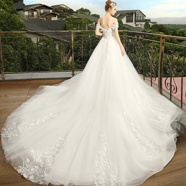 Elegant Ivory Wedding Dresses 2018 A-Line / Princess Off-The-Shoulder Short Sleeve Backless Appliques Flower Lace Pearl Cathedral Train Ruffle