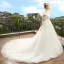 Elegant Ivory Wedding Dresses 2018 A-Line / Princess Off-The-Shoulder Short Sleeve Backless Appliques Flower Lace Pearl Cathedral Train Ruffle