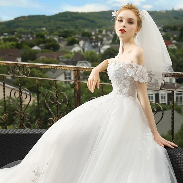 Elegant Ivory Wedding Dresses 2018 A-Line / Princess Off-The-Shoulder Short Sleeve Backless Appliques Flower Lace Pearl Cathedral Train Ruffle