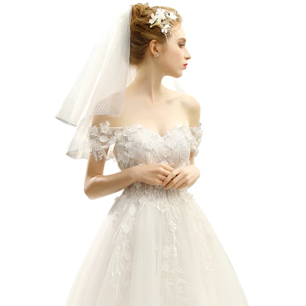 Elegant Ivory Wedding Dresses 2018 A-Line / Princess Off-The-Shoulder Short Sleeve Backless Appliques Flower Lace Pearl Cathedral Train Ruffle