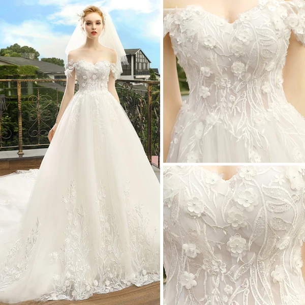 Elegant Ivory Wedding Dresses 2018 A-Line / Princess Off-The-Shoulder Short Sleeve Backless Appliques Flower Lace Pearl Cathedral Train Ruffle