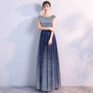 Scintillantes Bleu Marine Ciel Étoilé Robe De Soirée 2018 Princesse Encolure Dégagée Sans Manches Glitter Tulle Métal Ceinture Longue Volants Dos Nu Robe De Ceremonie