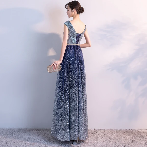 Scintillantes Bleu Marine Ciel étoilé Robe De Soirée 2018 Princesse Encolure Dégagée Sans Manches Glitter Tulle Métal Ceinture Longue Volants Dos Nu Robe De Ceremonie