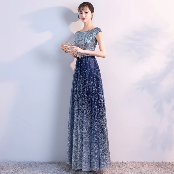 Scintillantes Bleu Marine Ciel étoilé Robe De Soirée 2018 Princesse Encolure Dégagée Sans Manches Glitter Tulle Métal Ceinture Longue Volants Dos Nu Robe De Ceremonie