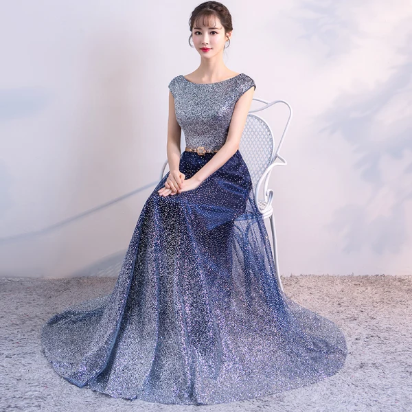 Scintillantes Bleu Marine Ciel étoilé Robe De Soirée 2018 Princesse Encolure Dégagée Sans Manches Glitter Tulle Métal Ceinture Longue Volants Dos Nu Robe De Ceremonie