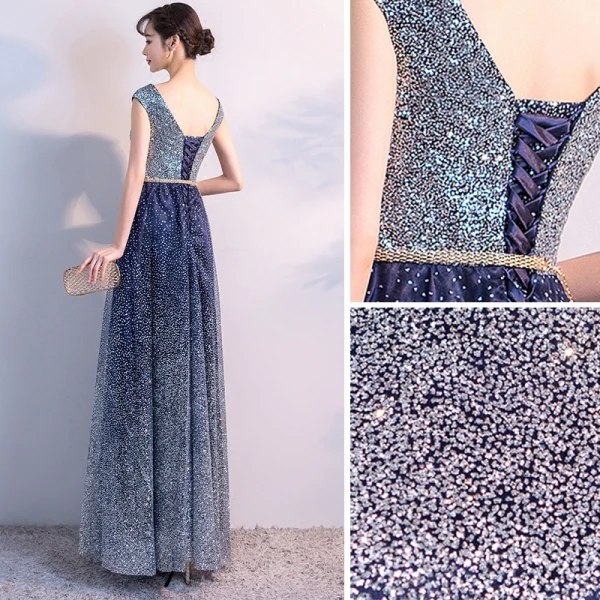 Scintillantes Bleu Marine Ciel étoilé Robe De Soirée 2018 Princesse Encolure Dégagée Sans Manches Glitter Tulle Métal Ceinture Longue Volants Dos Nu Robe De Ceremonie
