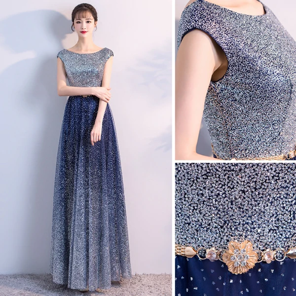 Scintillantes Bleu Marine Ciel étoilé Robe De Soirée 2018 Princesse Encolure Dégagée Sans Manches Glitter Tulle Métal Ceinture Longue Volants Dos Nu Robe De Ceremonie