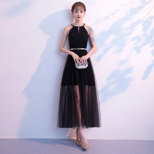 Modern Fashion Summer Black Evening Dresses 2018 A Line Princess Rhinestone Scoop Neck Strapless Sleeveless Metal Sash Ankle Length Ruffle Formal Dresses
