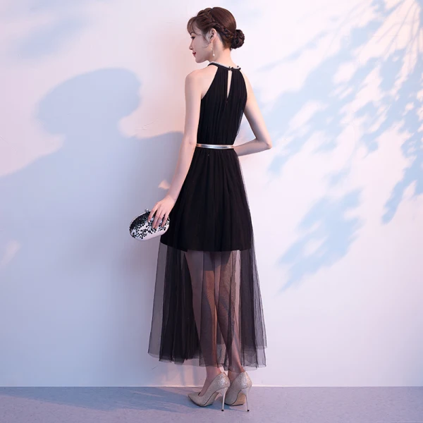 Modern / Fashion Summer Black Evening Dresses 2018 A-Line / Princess Rhinestone Scoop Neck Strapless Sleeveless Metal Sash Ankle Length Ruffle Formal Dresses