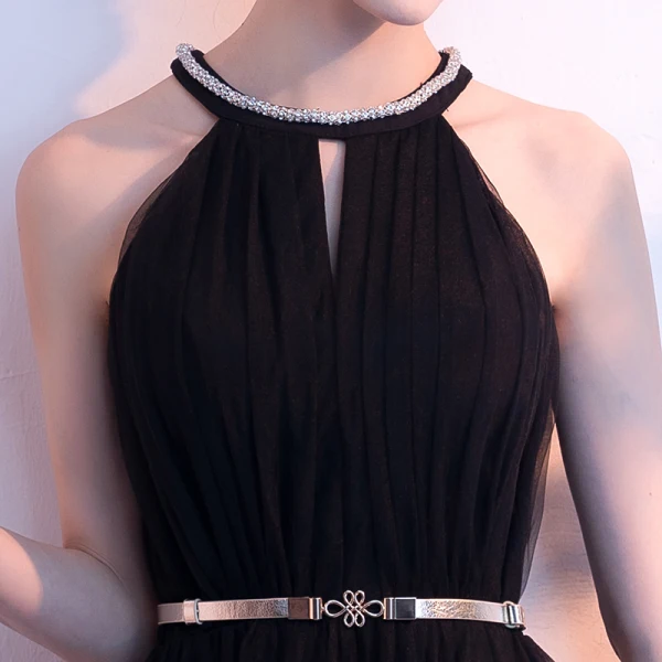 Modern / Fashion Summer Black Evening Dresses 2018 A-Line / Princess Rhinestone Scoop Neck Strapless Sleeveless Metal Sash Ankle Length Ruffle Formal Dresses