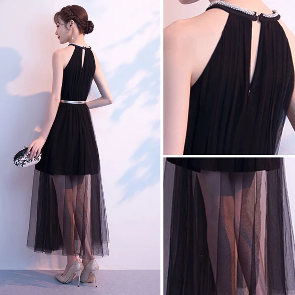 Modern / Fashion Summer Black Evening Dresses 2018 A-Line / Princess Rhinestone Scoop Neck Strapless Sleeveless Metal Sash Ankle Length Ruffle Formal Dresses