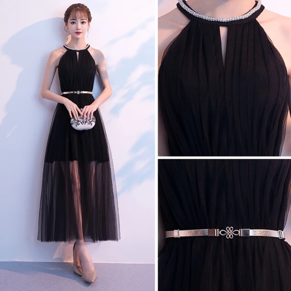 Modern / Fashion Summer Black Evening Dresses 2018 A-Line / Princess Rhinestone Scoop Neck Strapless Sleeveless Metal Sash Ankle Length Ruffle Formal Dresses