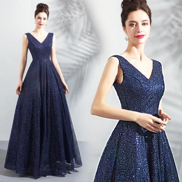 Bling Bling Bleu Marine Ciel Étoilé Robe De Soirée 2018 Princesse V Cou Sans Manches Glitter Longue Volants Dos Nu Robe De Ceremonie