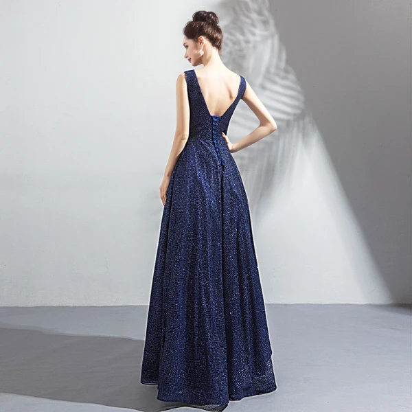 Bling Bling Navy Blue Starry Sky Evening Dresses 2018 A-Line / Princess V-Neck Sleeveless Glitter Floor-Length / Long Ruffle Backless Formal Dresses