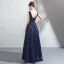 Bling Bling Navy Blue Starry Sky Evening Dresses  2018 A-Line / Princess V-Neck Sleeveless Glitter Floor-Length / Long Ruffle Backless Formal Dresses
