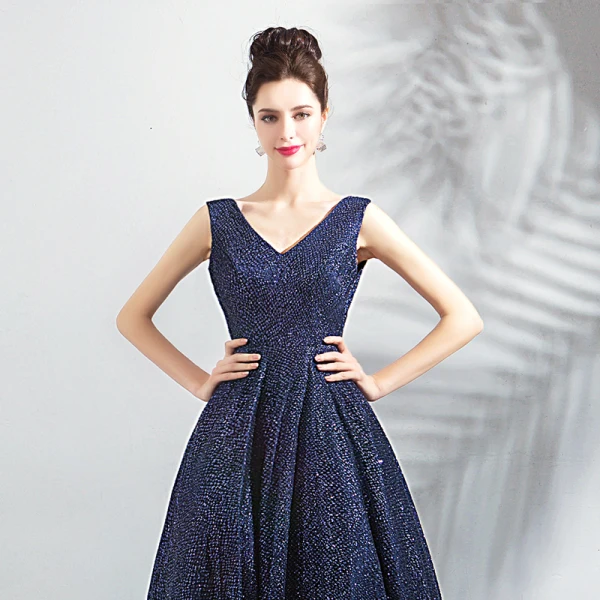Bling Bling Navy Blue Starry Sky Evening Dresses 2018 A-Line / Princess V-Neck Sleeveless Glitter Floor-Length / Long Ruffle Backless Formal Dresses