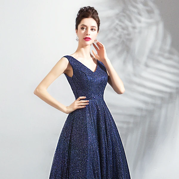 Bling Bling Navy Blue Starry Sky Evening Dresses 2018 A-Line / Princess V-Neck Sleeveless Glitter Floor-Length / Long Ruffle Backless Formal Dresses