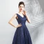 Bling Bling Navy Blue Starry Sky Evening Dresses  2018 A-Line / Princess V-Neck Sleeveless Glitter Floor-Length / Long Ruffle Backless Formal Dresses