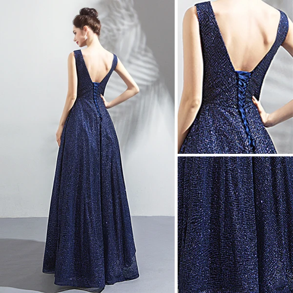 Bling Bling Navy Blue Starry Sky Evening Dresses 2018 A-Line / Princess V-Neck Sleeveless Glitter Floor-Length / Long Ruffle Backless Formal Dresses