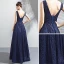 Bling Bling Navy Blue Starry Sky Evening Dresses  2018 A-Line / Princess V-Neck Sleeveless Glitter Floor-Length / Long Ruffle Backless Formal Dresses