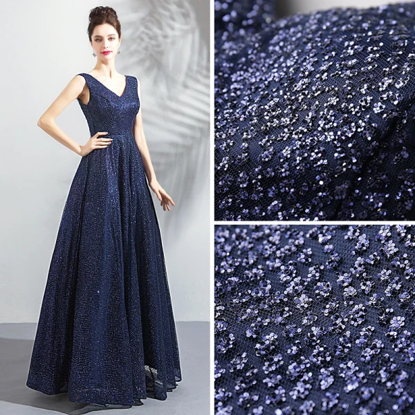 Bling Bling Navy Blue Starry Sky Evening Dresses 2018 A-Line / Princess V-Neck Sleeveless Glitter Floor-Length / Long Ruffle Backless Formal Dresses