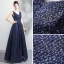 Bling Bling Navy Blue Starry Sky Evening Dresses  2018 A-Line / Princess V-Neck Sleeveless Glitter Floor-Length / Long Ruffle Backless Formal Dresses