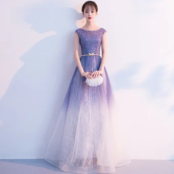 Elegant Purple Gradient Color White Evening Dresses 2018 A Line Princess Scoop Neck Cap Sleeves Metal Sash Floor Length Long Ruffle Backless Formal Dresses