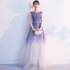 Elegant Purple Gradient-Color White Evening Dresses  2018 A-Line / Princess Scoop Neck Cap Sleeves Metal Sash Floor-Length / Long Ruffle Backless Formal Dresses
