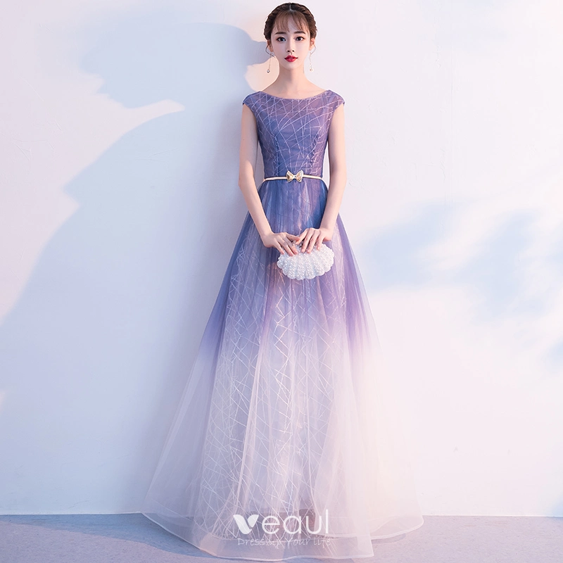 Elegant Purple Gradient-Color White Evening Dresses 2018 A-Line / Princess Scoop Neck Cap Sleeves Metal Sash Floor-Length / Long Ruffle Backless Formal Dresses Elegant Purple Gradient-Color White Evening Dresses 2018 A-Line / Princess Scoop Neck Cap Sleeves Metal Sash Floor-Length / Long Ruffle Backless Formal Dresses