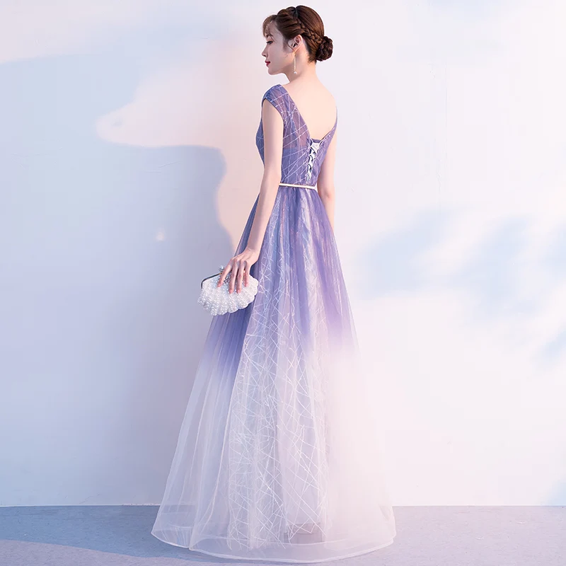 Elegant Purple Gradient-Color White Evening Dresses 2018 A-Line Princess Scoop Neck Cap