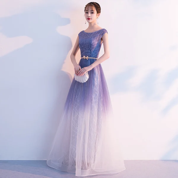 Elegant Purple Gradient-Color White Evening Dresses 2018 A-Line / Princess Scoop Neck Cap Sleeves Metal Sash Floor-Length / Long Ruffle Backless Formal Dresses