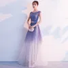 Elegant Purple Gradient-Color White Evening Dresses  2018 A-Line / Princess Scoop Neck Cap Sleeves Metal Sash Floor-Length / Long Ruffle Backless Formal Dresses
