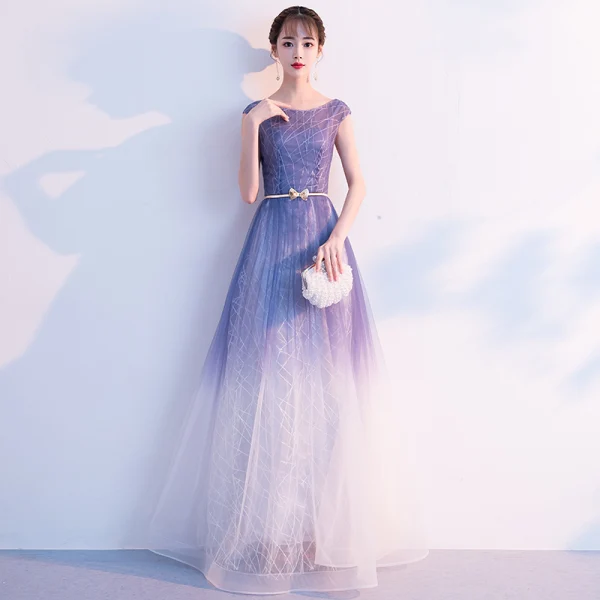 Elegant Purple Gradient-Color White Evening Dresses 2018 A-Line / Princess Scoop Neck Cap Sleeves Metal Sash Floor-Length / Long Ruffle Backless Formal Dresses