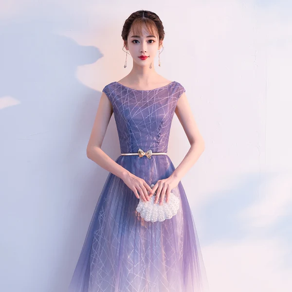 Elegant Purple Gradient-Color White Evening Dresses 2018 A-Line / Princess Scoop Neck Cap Sleeves Metal Sash Floor-Length / Long Ruffle Backless Formal Dresses