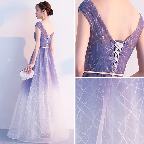 Elegant Purple Gradient-Color White Evening Dresses 2018 A-Line / Princess Scoop Neck Cap Sleeves Metal Sash Floor-Length / Long Ruffle Backless Formal Dresses