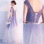 Elegant Purple Gradient-Color White Evening Dresses  2018 A-Line / Princess Scoop Neck Cap Sleeves Metal Sash Floor-Length / Long Ruffle Backless Formal Dresses