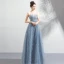 Schöne Himmelblau Durchbohrt Abendkleider 2018 Empire Rundhalsausschnitt Ärmellos Applikationen Spitze Perlenstickerei Strass Stoffgürtel Lange Rüschen