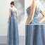 Schöne Himmelblau Durchbohrt Abendkleider 2018 Empire Rundhalsausschnitt Ärmellos Applikationen Spitze Perlenstickerei Strass Stoffgürtel Lange Rüschen
